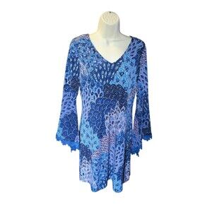 Westport 1962 Boho Blue & Pink Paisley Shift Dress w/Flare Bell Sleeves Size S